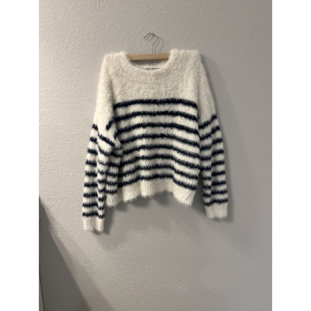 La‎ Ligne Target Womens Fuzzy Yarn Striped Crewneck Sweater Blue White Sz L